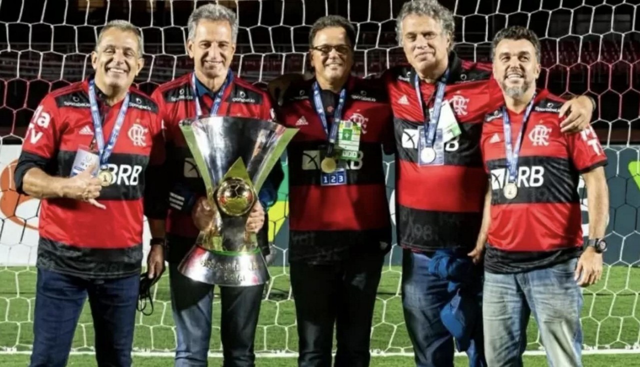 Dirigentes do Flamengo: Bap, Rodolfo Landim, Rodrigo Dunshee, Gustavo Oliveira e Tostes