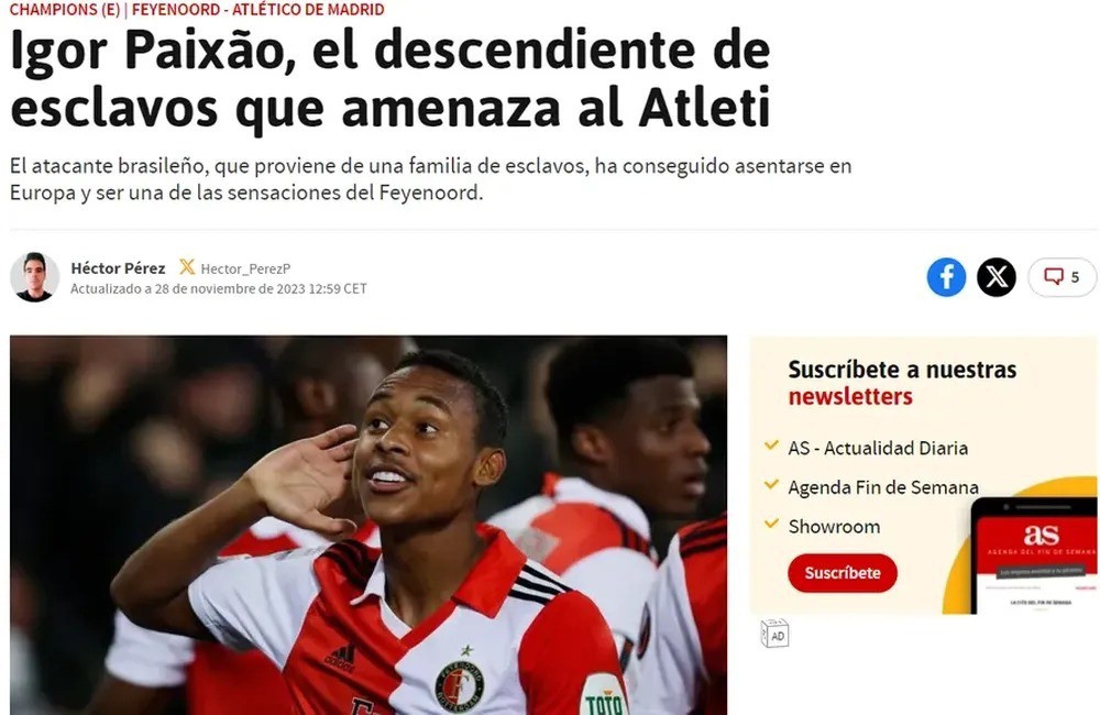 Jogador brasileiro não se calou após chamada racista de jornal espanhol