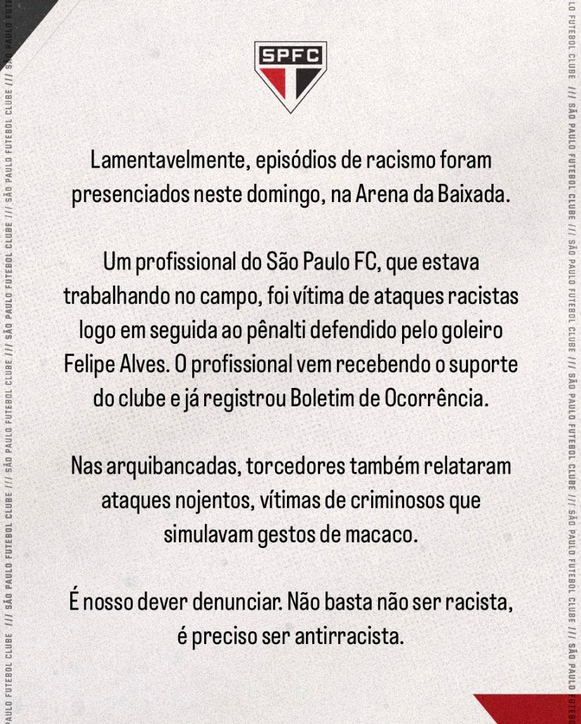 São Paulo denunciou ataques racistas sofridos por funcionário e torcedores na Arena da Baixada