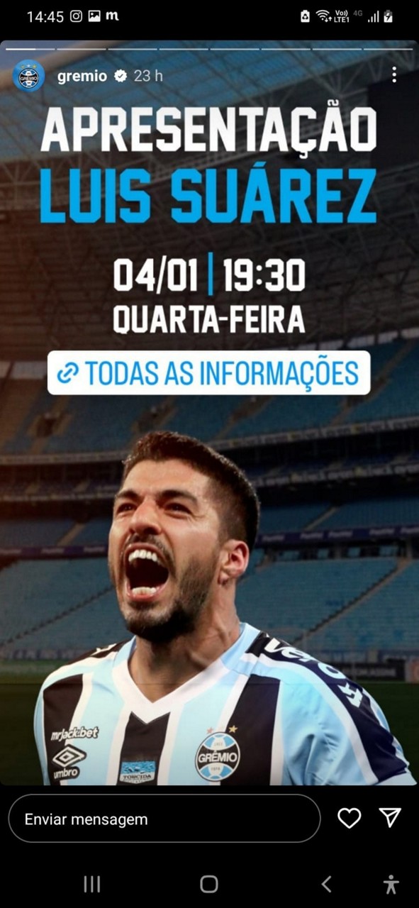 Atacante uruguaio será apresentado oficialmente à torcida do Grêmio na noite desta quarta-feira (4)