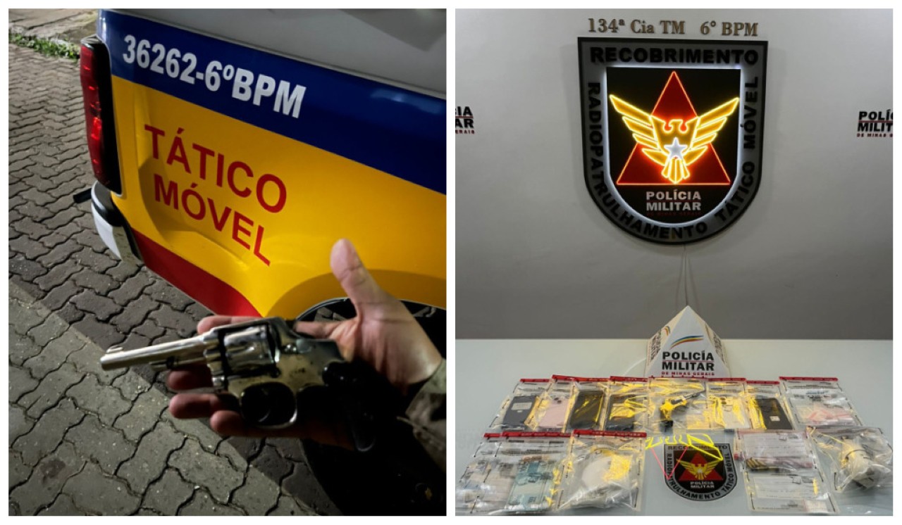 Arma calibre .32, celulares e drogas apreendidos durante ação da PM em Governador Valadares