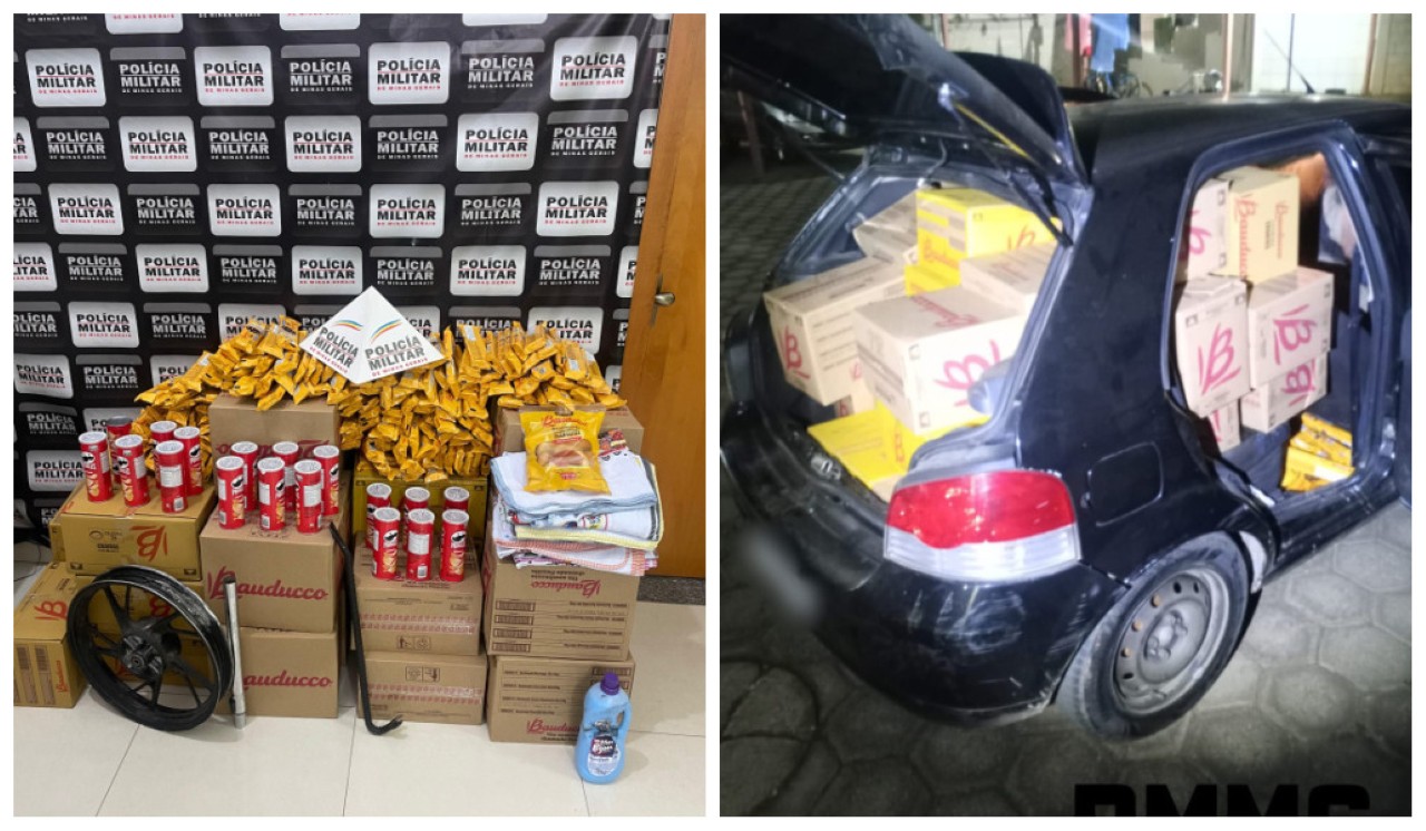 Carga de biscoitos e batatas chips foi apreendida pela PM na BR-381, em São Gonçalo do Rio Abaixo
