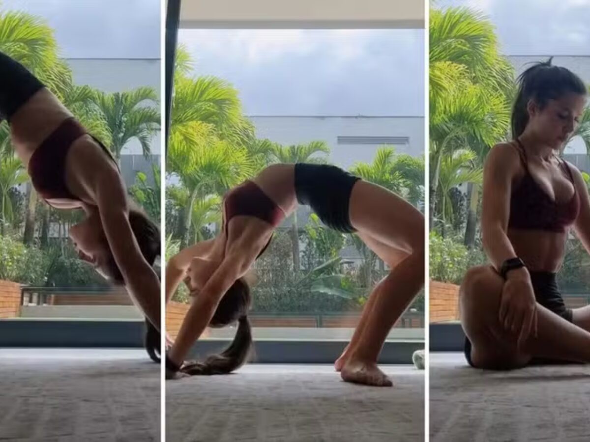 Jade Picon 'troca' futvôlei na praia por ioga e mostra elasticidade em mansão no Rio