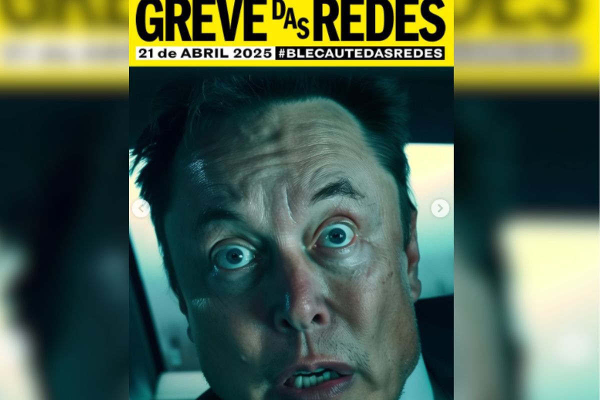 Peças publicitárias da Greve das Redes Sociais são ilustradas com os donos das principais plataformas, como Elon Musk, que detém o X