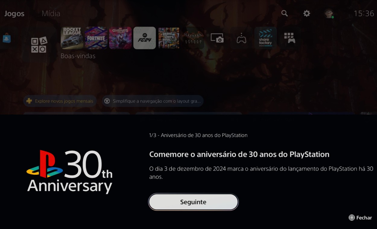 Menu do PS5 com a chamada para a configuração dos temas clássicos do videogame PlayStation