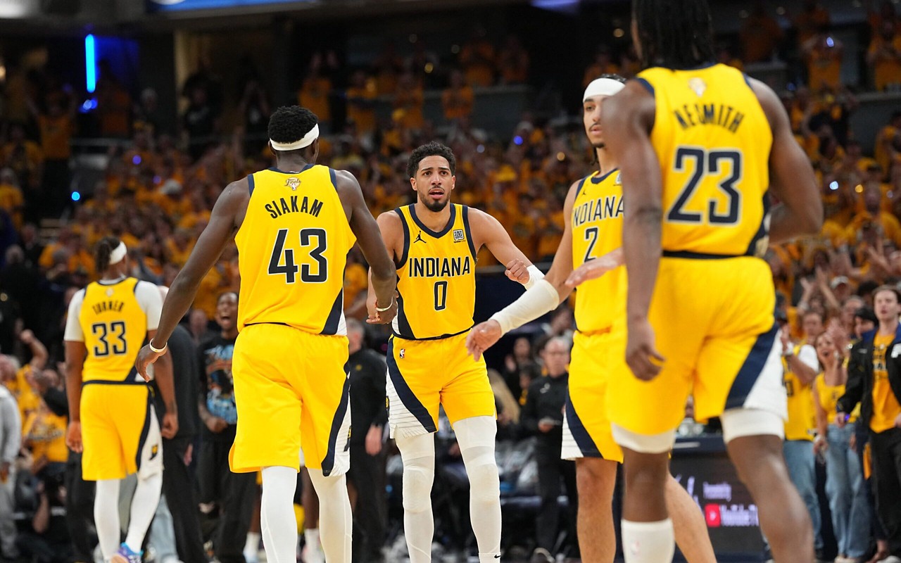INDIANAPOLIS, IN - JUNE 11: Tyrese Haliburton #0 high fives Pascal Siakam #43 of the Indiana Pacers during the game against the Oklahoma City Thunder during Game Three of the 2025 NBA Finals on June 11, 2025 at Gainbridge Fieldhouse in Indianapolis, Indiana. NOTE TO USER: User expressly acknowledges and agrees that, by downloading and or using this Photograph, user is consenting to the terms and conditions of the Getty Images License Agreement. Mandatory Copyright Notice: Copyright 2025 NBAE Jesse D. Garrabrant/NBAE via Getty Images/AFP (Photo by Jesse D. Garrabrant / NBAE / Getty Images / Getty Images via AFP)