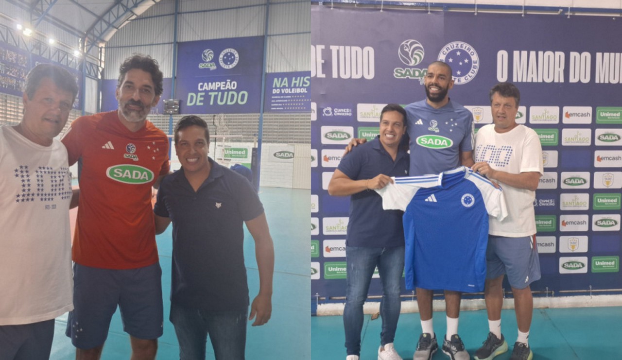 Adilson Batista e Caio Tavera posam para fotos ao lado do técnico Filipe Ferraz e do oposto Wallace, do Sada Cruzeiro
