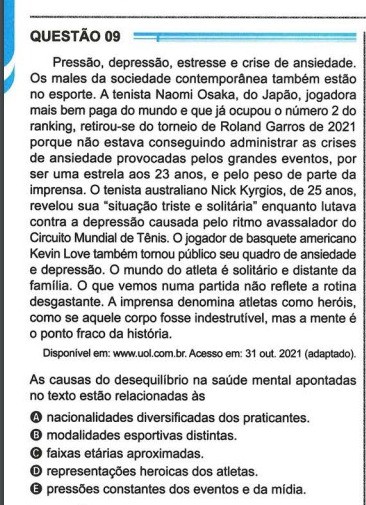 Enem tem questão sobre saúde mental e tênis