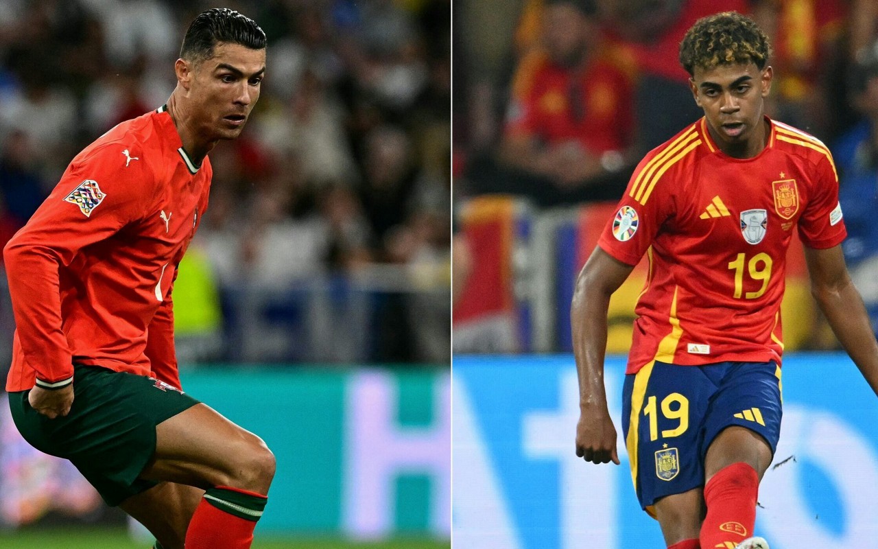 Cristiano Ronaldo e Lamine Yamal se enfrentam pela primeira vez no futebol profissional (Fotos: Tobias Schwarz e Fabrice Coffrini/AFP)