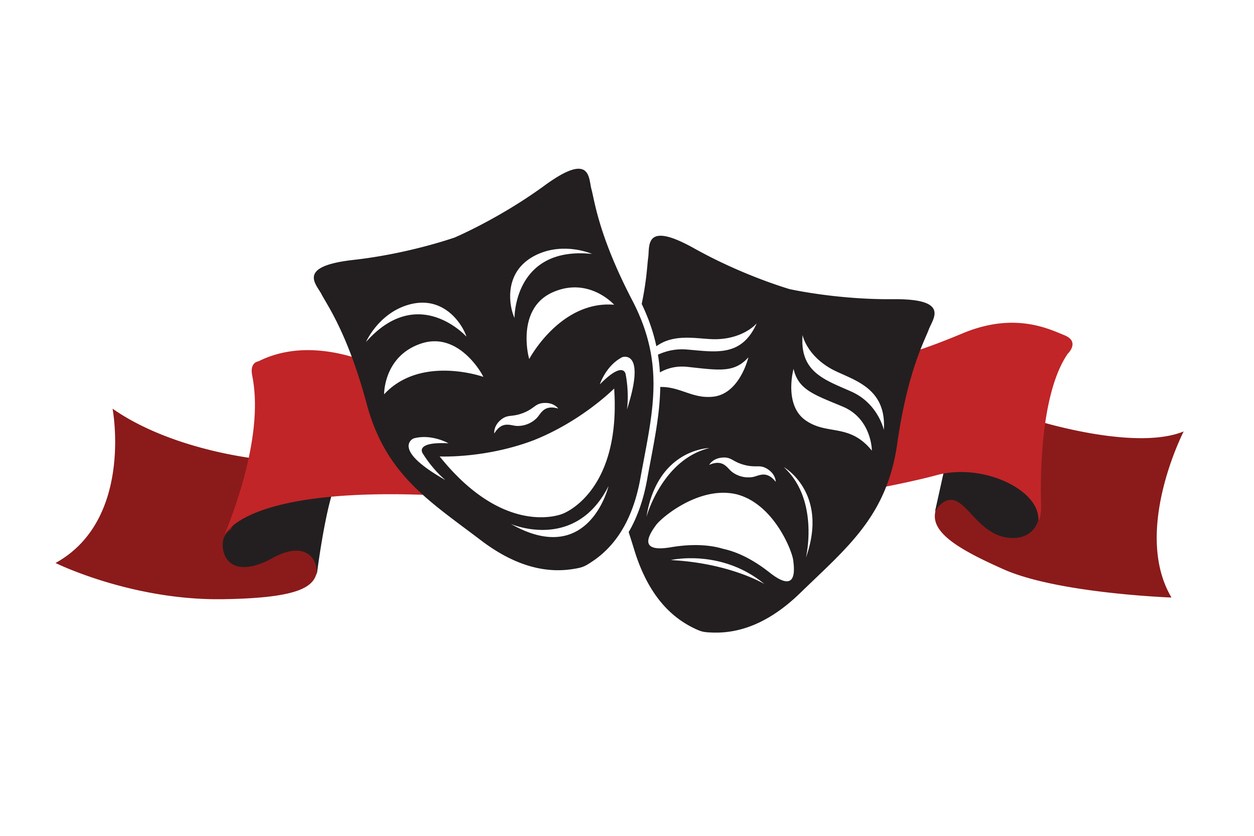 icon of comedy and tragedy theatrical masks with ribbon isolated on white background