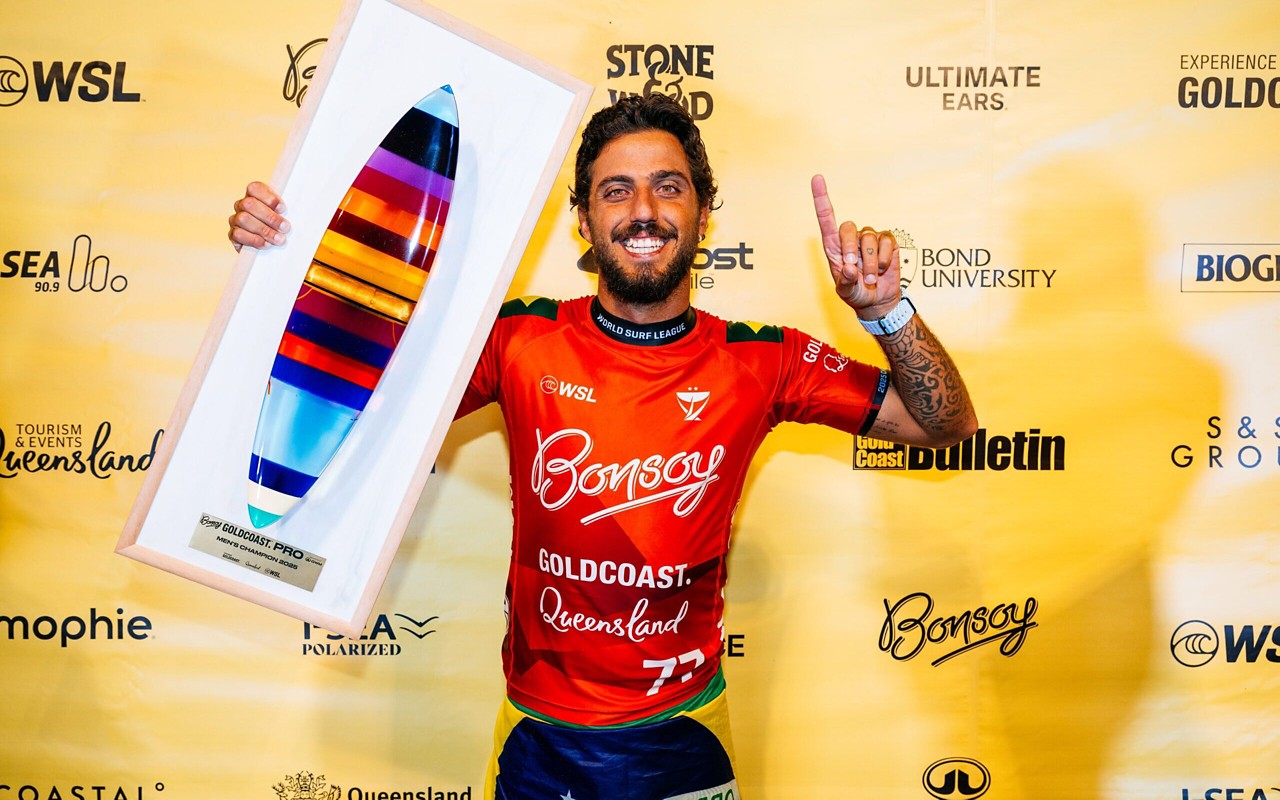 BURLEIGH HEADS, QUEENSLAND, AUSTRALIA - MAY 10: Two-time WSL Champion Filipe Toledo of Brazil after winning the Final of the Bonsoy Gold Coast Pro on May 10, 2025 at Burleigh Heads, Queensland, Australia. (Photo by Beatriz Ryder/World Surf League)